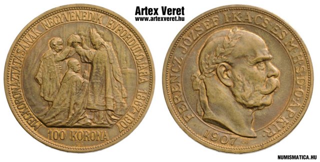 1907-es up jelölt artex utánveret réz próbaveret koronázási 100 korona - (1907 réz próbaveret 100 korona up jelölt utánveret koronázási