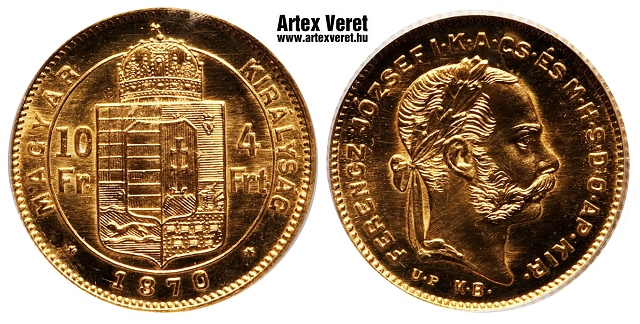 1870-es arany 4 forint UP utnveret - (1870 arany 4 forint UP)