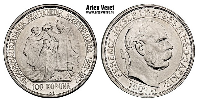 1907-es up jellt artex fantziaveret platina koronzsi 100 korona - (1907 platina 100 korona up jellt fantziaveret koronzsi