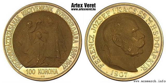 1907-es jelletlen artex utnveret arany koronzsi 100 korona - (1907 arany 100 korona jelletlen utnveret koronzsi