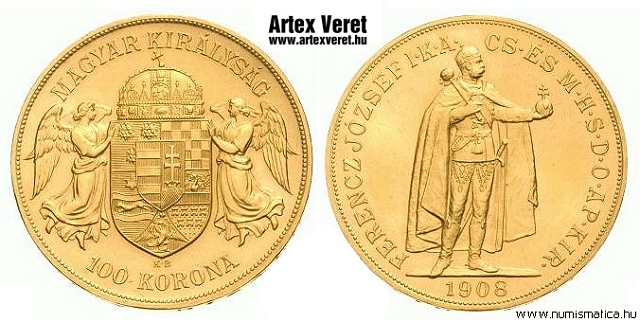 1908-as jelletlen artex utnveret arany 100 korona - (1908 arany 100 korona jelletlen utnveret