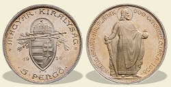 1938-as jelöletlen álló Szent István ezüst 5 pengő utánveret- (1938 5 pengő jelöletlen)