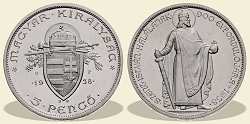 1938-as UP (oldalt) álló Szent István ezüst 5 pengő utánveret- (1938 5 pengő UP)