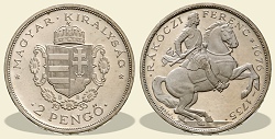 1935-ös jeloletlen ezüst lovas Rákóczi Ferenc 2 pengő utánveret- (1935 2 pengő jelöletlen)